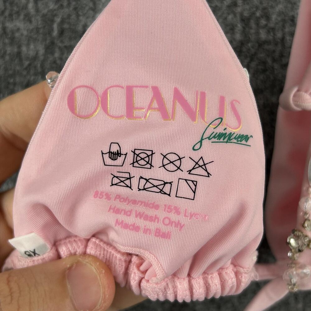 Oceanus Bikini Set XS Pink Embellished Triangle Top Bottom Rhinestone Beach Pool - Picture 4 of 12